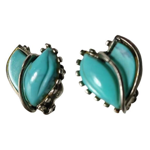 Heart Sterling Silver Faux Turquoise Clip On Earrings Handcrafted Unique Bezel - Picture 2 of 5